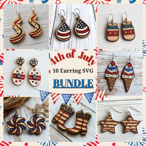 4th of July wood Earrings SVG Bundle - Glowforge Files, DXF Files, laser cut files