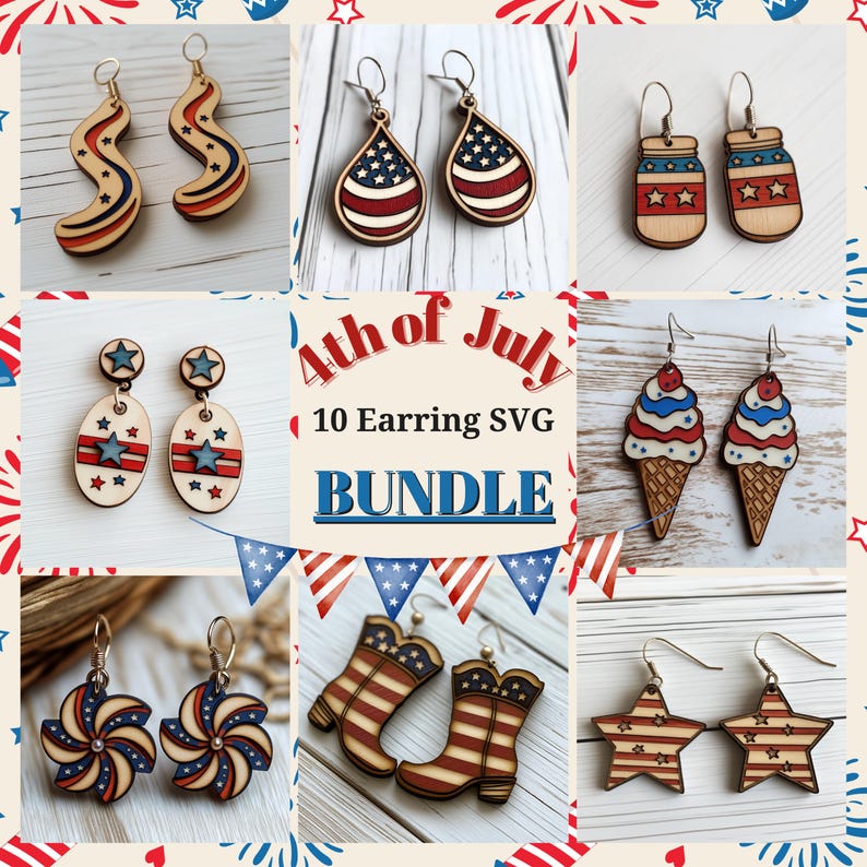 Op de afbeelding: Een set van 10 SVG-bestanden voor het maken van patriottische oorbellen. De ontwerpen omvatten sterren, strepen, ijshoorntjes, cowboylaarzen, potten en meer. 4th of July 10 Earring SVG Bundle.