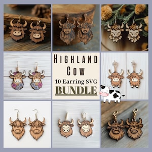 Lot de boucles d'oreilles laser fantaisie vache Highland Boho SVG pour Glowforge et XTool