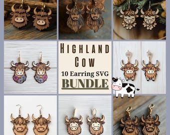 Grillige Boho Highland Cow Laser Oorbellen SVG-bundel voor Glowforge en XTool