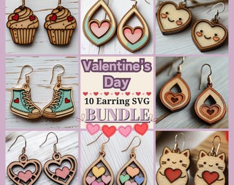 May include: A set of 10 Valentine's Day earring SVG designs. The designs include a cupcake, sneakers, hearts, and a cat holding a heart. Valentine's Day 10 Earring SVG Bundle