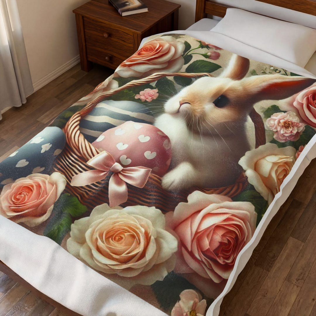 Plush Roses Throw Easter Bunny With Roses Velveteen Plush Blanket | Pastel Egg Basket ...