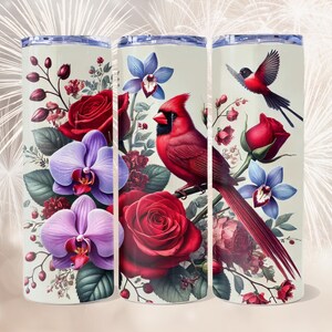 Blommallar med röda kardinaler och lila orkidé för allt som rör sublimering. Tumbler, kudde, mall, förkläde, inbjudningar och mycket mer.