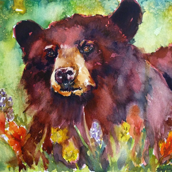 Wildflower Bear Watercolor Print by Maure Bausch