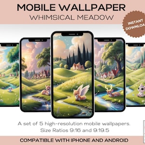Mobile Wallpaper Whimsical Meadow Set of 5 | Magical Backgrounds for Mobile Phone iPhone & Android | Instant Download