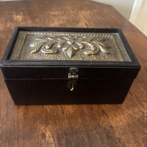 Vintage Decorative Dark Brown Wood Box With Brass Ornate Top