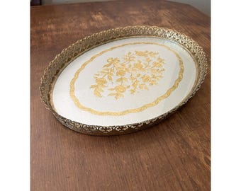 Vtg Hollywood Regency Style Vanity Tray Brass Gold Filigree Metal Foiled Glass