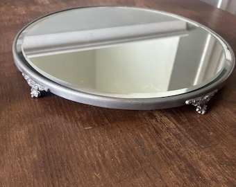 Antq. Victorian Ornate Repousse Vanity Footed Plateau Mirror Beveled Glass 14"