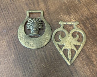 Vintage Pair of Horse Bridle Medallions in Brass Heart  or Wheat Spray Unsigned