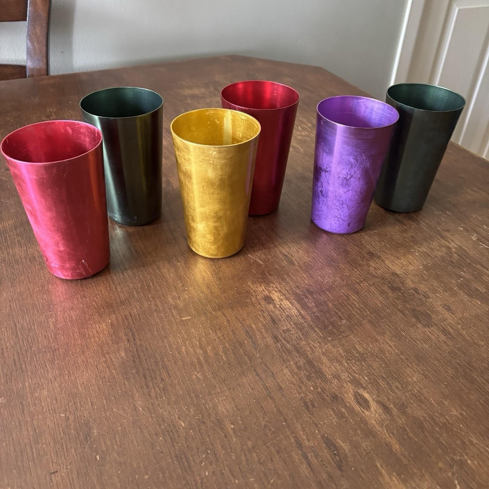 Set of 6 Vintage Jewel Colored Aluminum Tumblers 5.5" Mid-Century MCM Metal Cups