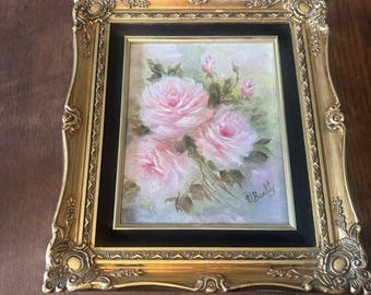 Pink Roses Still Life oil painting In Gold Ornate Frame Signed  Vintage Art