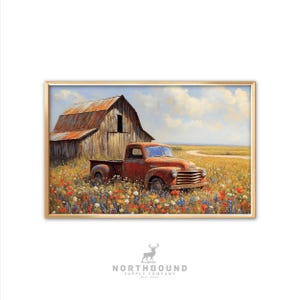 Caminhão Vintage da Barn Print | Arte de Parede Rústica Americana | Paisagem Rural | Decoração Nostálgica de Fazenda