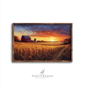 Rural Midwest Countryside Print | Sunset Farm Scene | Impressionist Barn & Cornfields Art | Rustic Country Decor | Farm Landscape Art