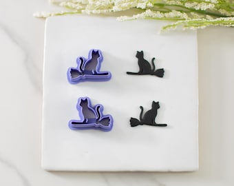 Cat on a Broomstick Polymer Clay Cutter | Mirrored Set | Multiple Sizes | Halloween Clay Cutters | Spooky Clay Cutters | Clay Tools