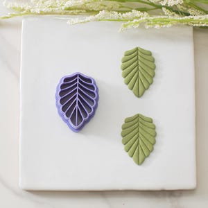 May include: A purple leaf-shaped cookie cutter and two green leaf-shaped clay pieces are displayed on a white surface. The cookie cutter has a detailed vein design. The clay leaves have a textured surface, suggesting a natural theme.