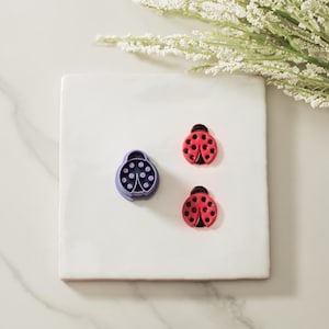 May include: Three ladybug cookie cutters, two red and one purple, on a white plate.