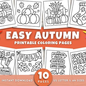 May include: A collection of ten printable autumn-themed coloring pages. The black and white illustrations include pumpkins, fall leaves, socks, and a wagon filled with apples. The text reads "Easy Autumn Printable Coloring Pages."