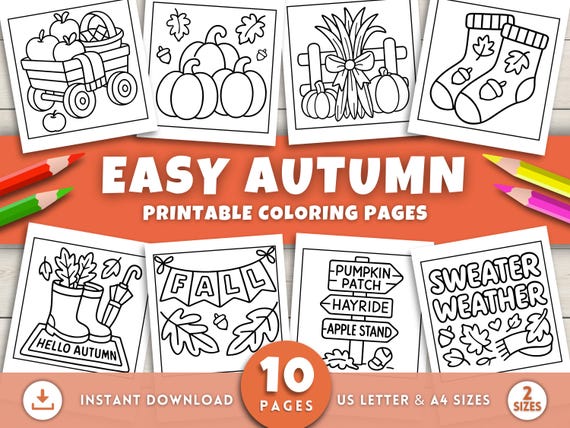 Easy Fall Coloring Pages for Kids, Autumn Coloring Pages, Fall Coloring Book, Fall Coloring Sheets, Cozy Sweater Weather, Autumn Activities