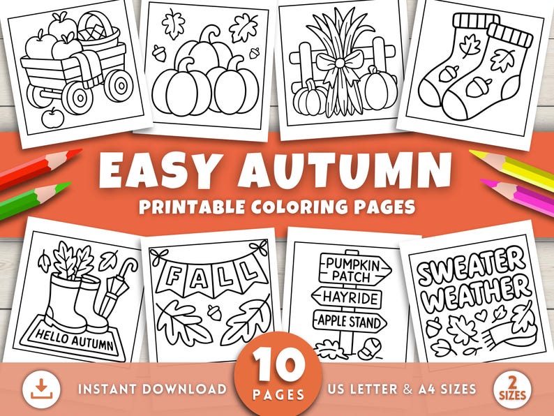 May include: A collection of ten printable autumn-themed coloring pages. The black and white illustrations include pumpkins, fall leaves, socks, and a wagon filled with apples. The text reads "Easy Autumn Printable Coloring Pages."