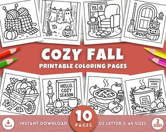 Fall Coloring Pages for Kids, Cozy Fall Coloring Book, Fall Coloring Sheets, Autumn Coloring Pages, Easy Autumn Activities, Pumpkins Leaves