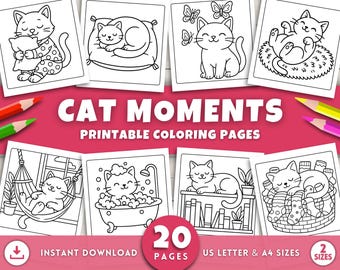 Katzen Malseiten für Erwachsene und Kinder, süße Katzenliebhaber Printables, Entspannende Selbstfürsorge Katzenmama Geschenke, Haustier Malblätter, Katzenmalbuch