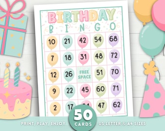 Birthday Bingo, 50 Birthday Bingo Cards, Printable Kids Birthday Party Game, Happy Birthday Bingo Game, Fun Birthday Party Activity for Kids