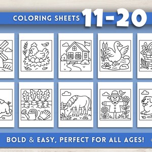 Puede incluir: Un conjunto de diez hojas para colorear con ilustraciones de tem&aacute;tica rural, incluyendo un molino de viento, una gallina, una casa, un pato y un cerdo. Se muestra el texto "COLORING SHEETS 11-20" y "BOLD & EASY, PERFECT FOR ALL AGES!"