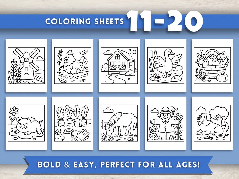 Puede incluir: Un conjunto de diez hojas para colorear con ilustraciones de tem&aacute;tica rural, incluyendo un molino de viento, una gallina, una casa, un pato y un cerdo. Se muestra el texto "COLORING SHEETS 11-20" y "BOLD & EASY, PERFECT FOR ALL AGES!"