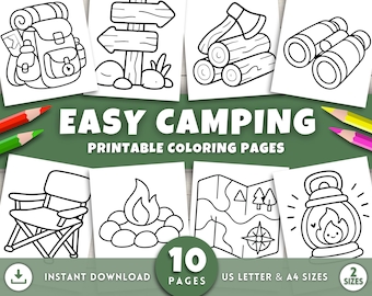 Easy Camping Coloring Pages for Kids & Adults – Bold and Simple Printable Nature Sheets, Outdoor Adventure Coloring Book, Digital Download