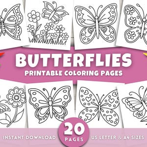Puede incluir: Páginas para colorear de mariposas imprimibles. La imagen presenta ocho diseños de mariposas diferentes, junto con el texto "BUTTERFLIES PRINTABLE COLORING PAGES". La imagen también incluye lápices de colores y el texto "20 PAGES".