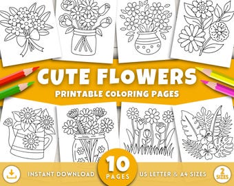 Disegni da colorare di fiori carini e facili per bambini e adulti, disegni da colorare di fiori stampabili in digitale, attività per bambini con fiori primaverili e piante da giardino