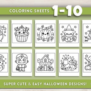 Op de afbeelding: Een verzameling van tien Halloween kleurplaten, elk met een unieke zwart-wit illustratie. Ontwerpen omvatten een ketel, cupcake, pompoen, kat, uil en een spookhuis. De tekst luidt "COLORING SHEETS 1-10" en "SUPER CUTE & EASY HALLOWEEN DESIGNS!"
