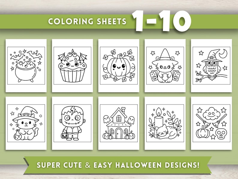 Op de afbeelding: Een verzameling van tien Halloween kleurplaten, elk met een unieke zwart-wit illustratie. Ontwerpen omvatten een ketel, cupcake, pompoen, kat, uil en een spookhuis. De tekst luidt "COLORING SHEETS 1-10" en "SUPER CUTE & EASY HALLOWEEN DESIGNS!"