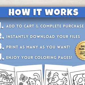 Puede incluir: Fondo azul con texto blanco que explica el proceso: a&ntilde;adir al carrito, descargar archivos, imprimir y disfrutar de las p&aacute;ginas para colorear. Un sello dorado dice "SOLO ARCHIVOS DIGITALES".