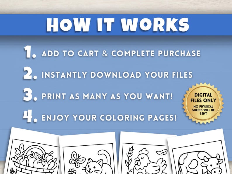 Puede incluir: Fondo azul con texto blanco que explica el proceso: a&ntilde;adir al carrito, descargar archivos, imprimir y disfrutar de las p&aacute;ginas para colorear. Un sello dorado dice "SOLO ARCHIVOS DIGITALES".