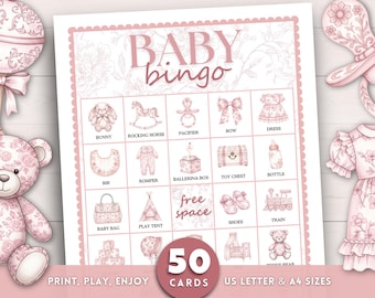 Baby Bingo, Mädchen-Babyparty-Bingo, 50 Baby Bingokarten, Babyparty Spiel, druckbare Babyparty-Aktivität, Mädchen-Baby-Bingo, rosa Babyparty