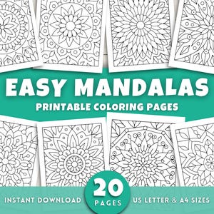 May include: A collection of printable mandala coloring pages. The image features several white pages with intricate black and white mandala designs. Text on the image reads "EASY MANDALAS PRINTABLE COLORING PAGES" and "20 PAGES". Colored pencils are visible.