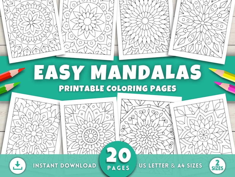 May include: A collection of printable mandala coloring pages. The image features several white pages with intricate black and white mandala designs. Text on the image reads "EASY MANDALAS PRINTABLE COLORING PAGES" and "20 PAGES". Colored pencils are visible.