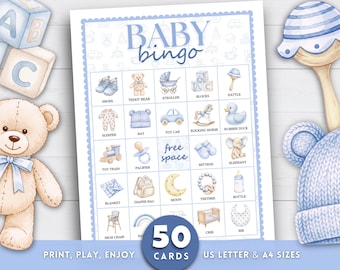 Baby Bingo, Boy Baby Shower Bingo, 50 Baby Bingo Cards, Baby Shower Game, Printable Baby Shower Activity, Boy Baby Bingo, Blue Baby Shower