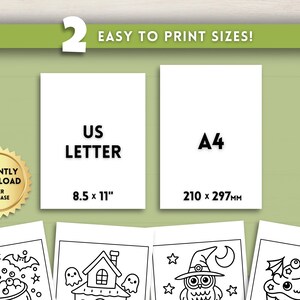 Op de afbeelding: Afbeelding met twee afdrukbare papierformaten: US Letter (8,5 x 11 inch) en A4 (210 x 297 mm). De tekst "EASY TO PRINT SIZES!" wordt boven de papierformaten weergegeven. Een gouden zegel geeft direct downloaden na aankoop aan.