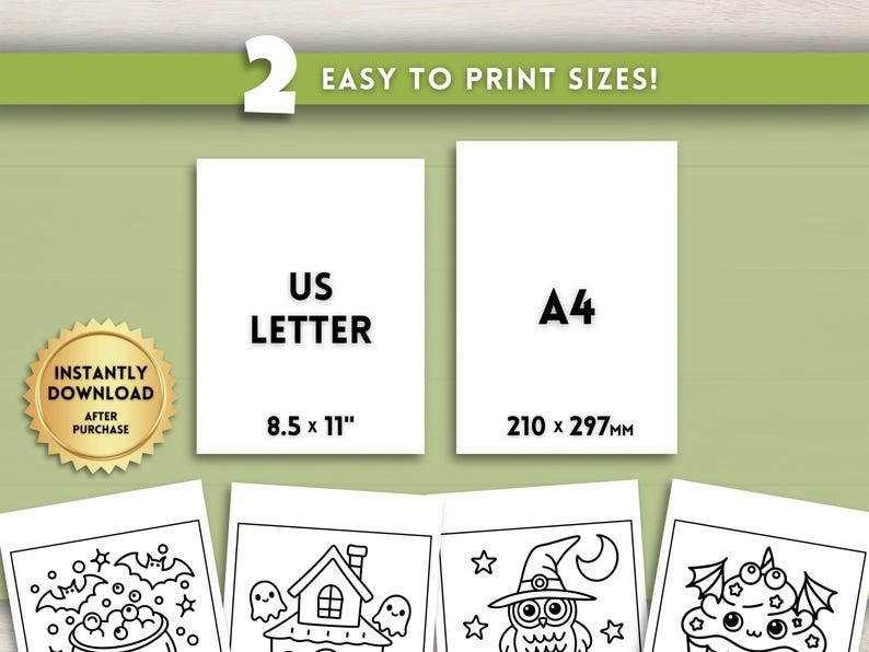 Op de afbeelding: Afbeelding met twee afdrukbare papierformaten: US Letter (8,5 x 11 inch) en A4 (210 x 297 mm). De tekst "EASY TO PRINT SIZES!" wordt boven de papierformaten weergegeven. Een gouden zegel geeft direct downloaden na aankoop aan.