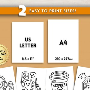 May include: Image features two white paper sizes: US Letter (8.5 x 11 inches) and A4 (210 x 297 mm). The text "EASY TO PRINT SIZES!" is above the paper sizes. A gold seal with "INSTANTLY DOWNLOAD AFTER PURCHASE" is on the left. Below are black and white illustrations.