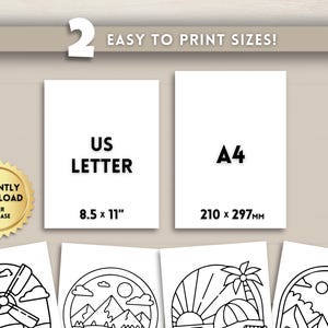 May include: Image showing two print size options: US Letter at 8.5 x 11 inches and A4 at 210 x 297mm. The text reads "EASY TO PRINT SIZES!" and "INSTANTLY DOWNLOAD AFTER PURCHASE". Below are four black and white line art illustrations.