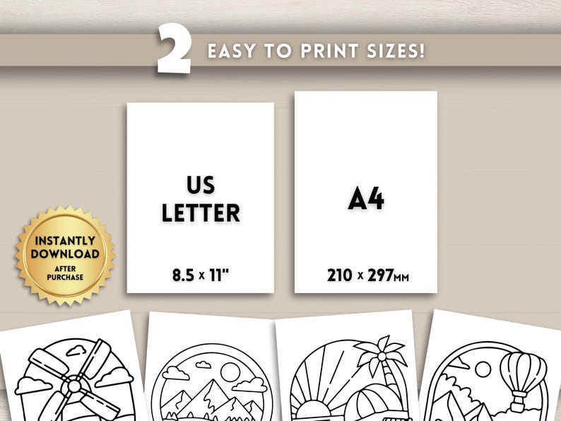 May include: Image showing two print size options: US Letter at 8.5 x 11 inches and A4 at 210 x 297mm. The text reads "EASY TO PRINT SIZES!" and "INSTANTLY DOWNLOAD AFTER PURCHASE". Below are four black and white line art illustrations.