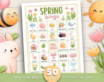 Spring Bingo, 50 Spring Bingo Cards, Printable Spring Classroom Activity for Kids, Spring Party Game for Kids, Easter Bingo, Easter Game