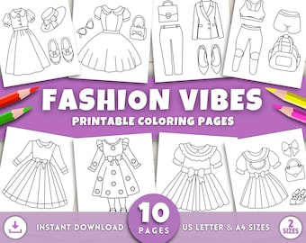 Fashion Vibes Kleurplaten voor kinderen volwassenen, kleurplaten voor meisjes, gezellige meisjesoutfits, afdrukbare activiteitenpagina's fashion art, vet en gemakkelijk