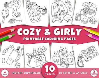 Gemütliche und Girly Malseiten für Erwachsene Kinder Teenager, Bold and Easy, gemütliche Mädchen Malseiten, druckbare Aktivität Seiten, süße Malseiten