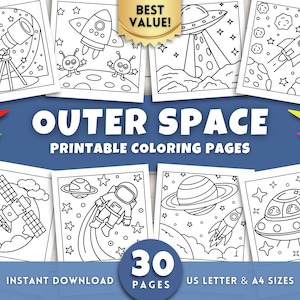 May include: A set of black and white outer space-themed colouring pages. The words "OUTER SPACE PRINTABLE COLORING PAGES" are displayed. The image includes rockets, planets, aliens, and a telescope. The image also includes the text "30 PAGES".