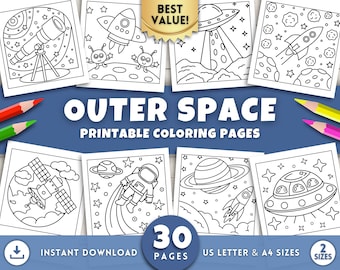 Outer Space Coloring Pages for Kids, Toddlers & Preschoolers, Printable Activities with Aliens Astronauts Rockets Planets, Bold Simple Art