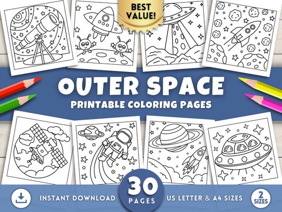 Outer Space Coloring Pages for Kids, Toddlers & Preschoolers, Printable Activities with Aliens Astronauts Rockets Planets, Bold Simple Art